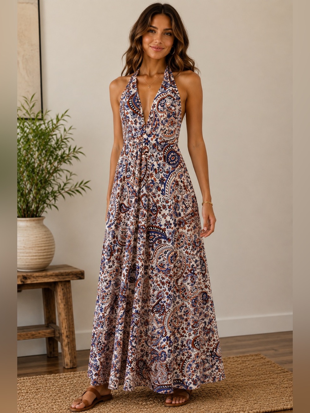 Vince Camuto Women's Paisley Print Tie Back Challis Halter Dress